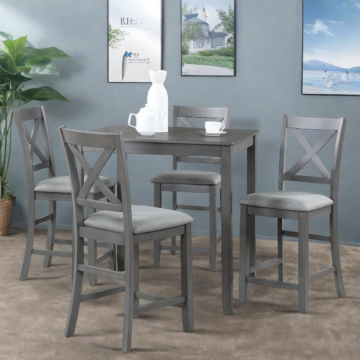 Dining Table Set for 4, Modern 5 Piece Dining Room Table Set with Square Table & 4 X-Shaped Backrest Upholstered Chairs, Counter Height Kitchen Chairs Set for Small Space, Gray