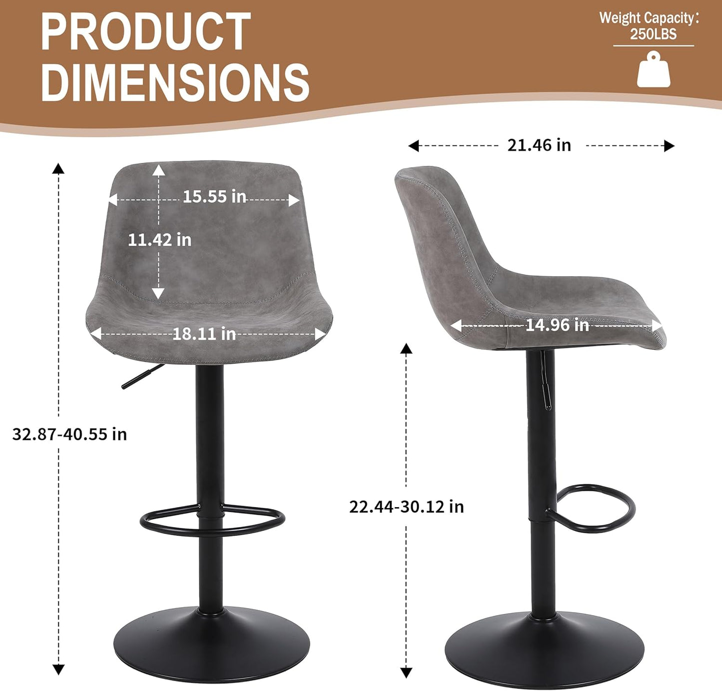 Bar Stools, Swivel Counter Height Barstools with Back, Adjustable Modern Bar Chairs, Tall Armless PU Leather Kitchen Island Stool (Grey, Set of 2)