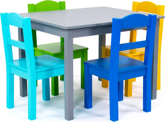 Humble Crew Kids Wooden Table and 4 Chairs Set, Grey/Blue/Green/Yellow - Kids Table and Chair Set for Toddlers and Children for Arts, Crafts, and Snack Time - Sturdy, Durable Toddler Activity Table