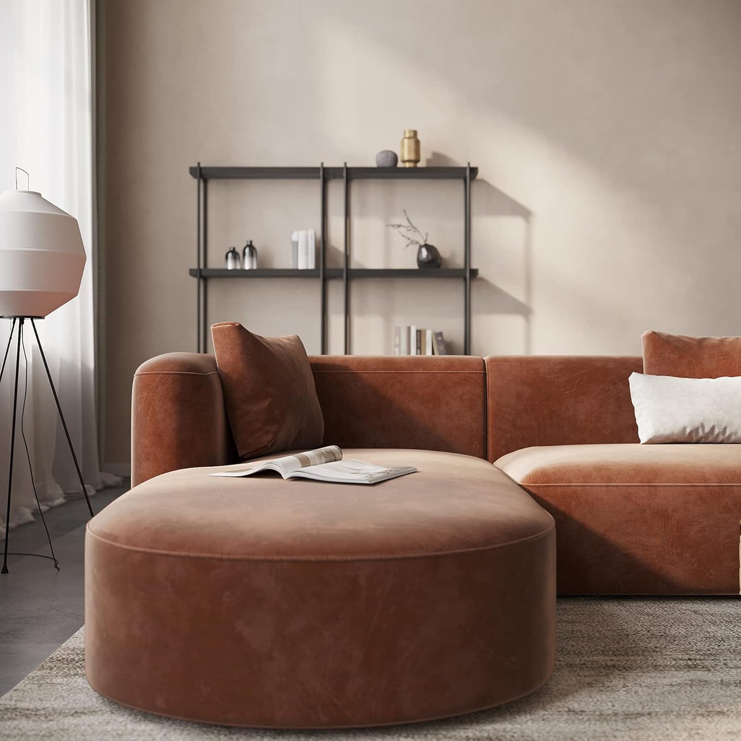 Acanva Luxury Modern Tight Curved Back Velvet Sofa, Minimalist Style Comfy Couch for Living Room Apartment, L-Shape Left Chaise, Tangerine