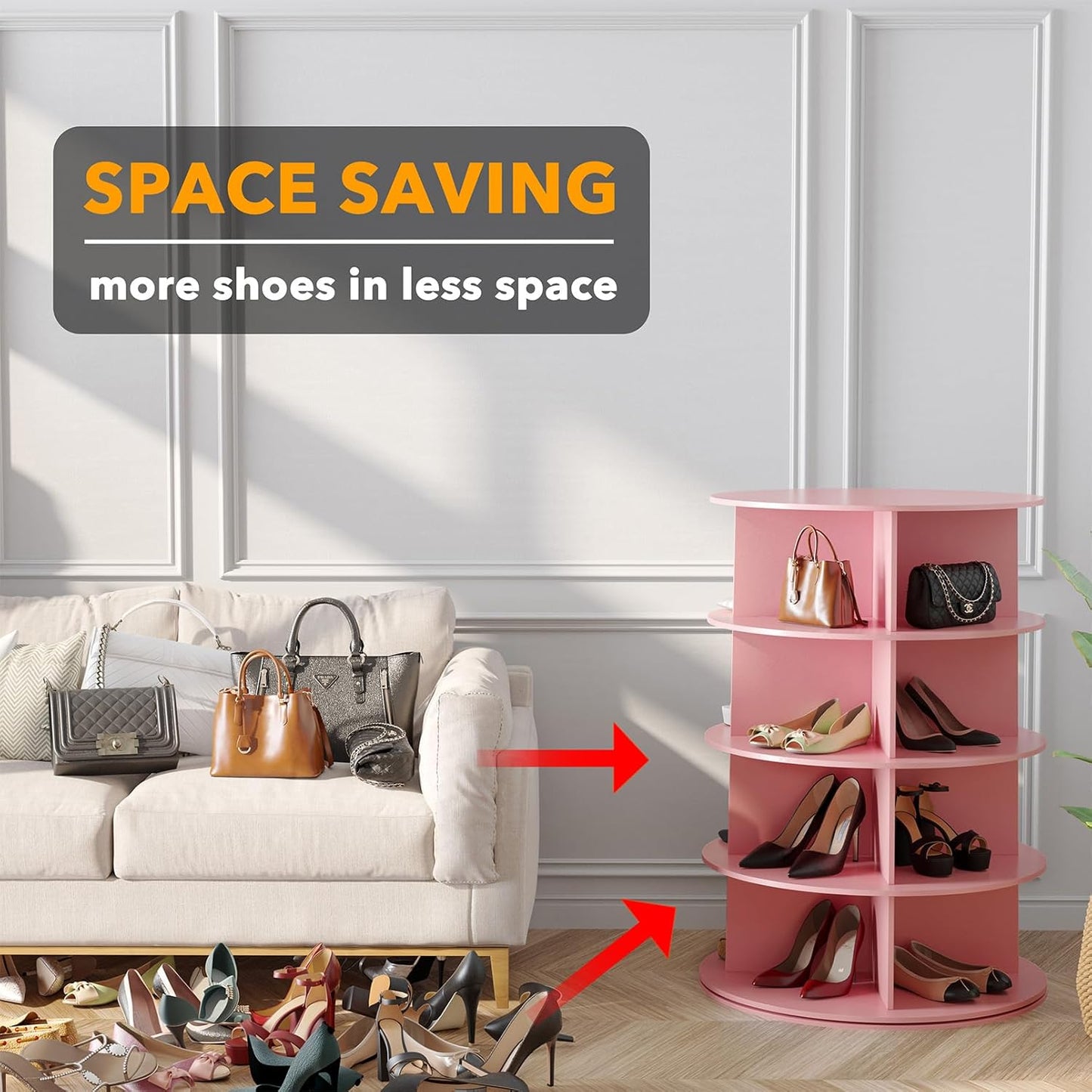 SpaceAid 4 Tier Rotating Shoe Rack Tower, Spinning Shoe Display Lazy Susan, Revolving 360 Shoe Rack Storage Round Carousel, Vertical Handbag Rotate Shoes Closet Organization (4-Tier Pink)