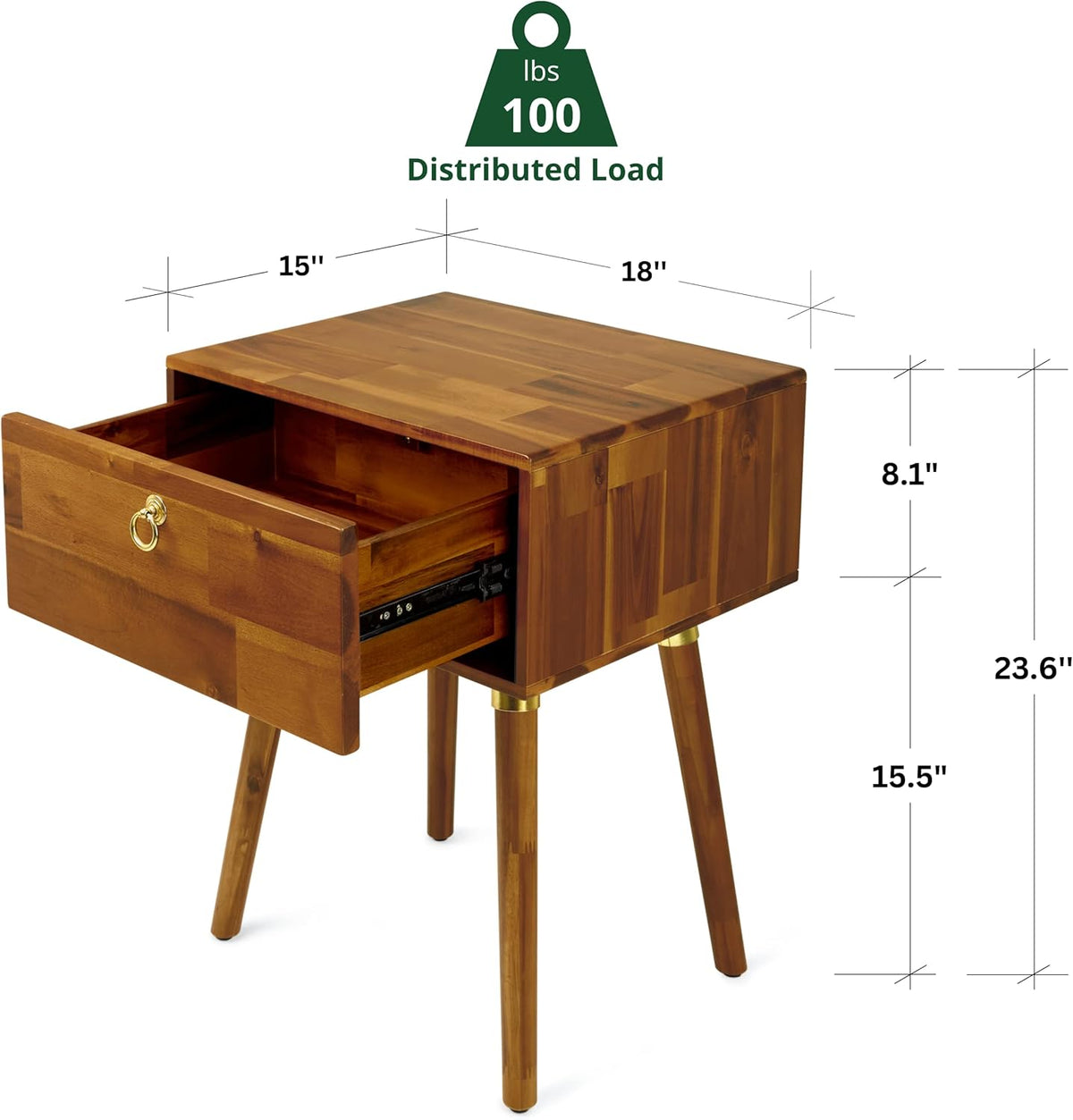 Bme Alden Solid Wood Nightstand/Side Table/End Table, Fully Assembled, with 1-Drawer for Mid Century Bedroom and Living Room, (12mm), Caramel