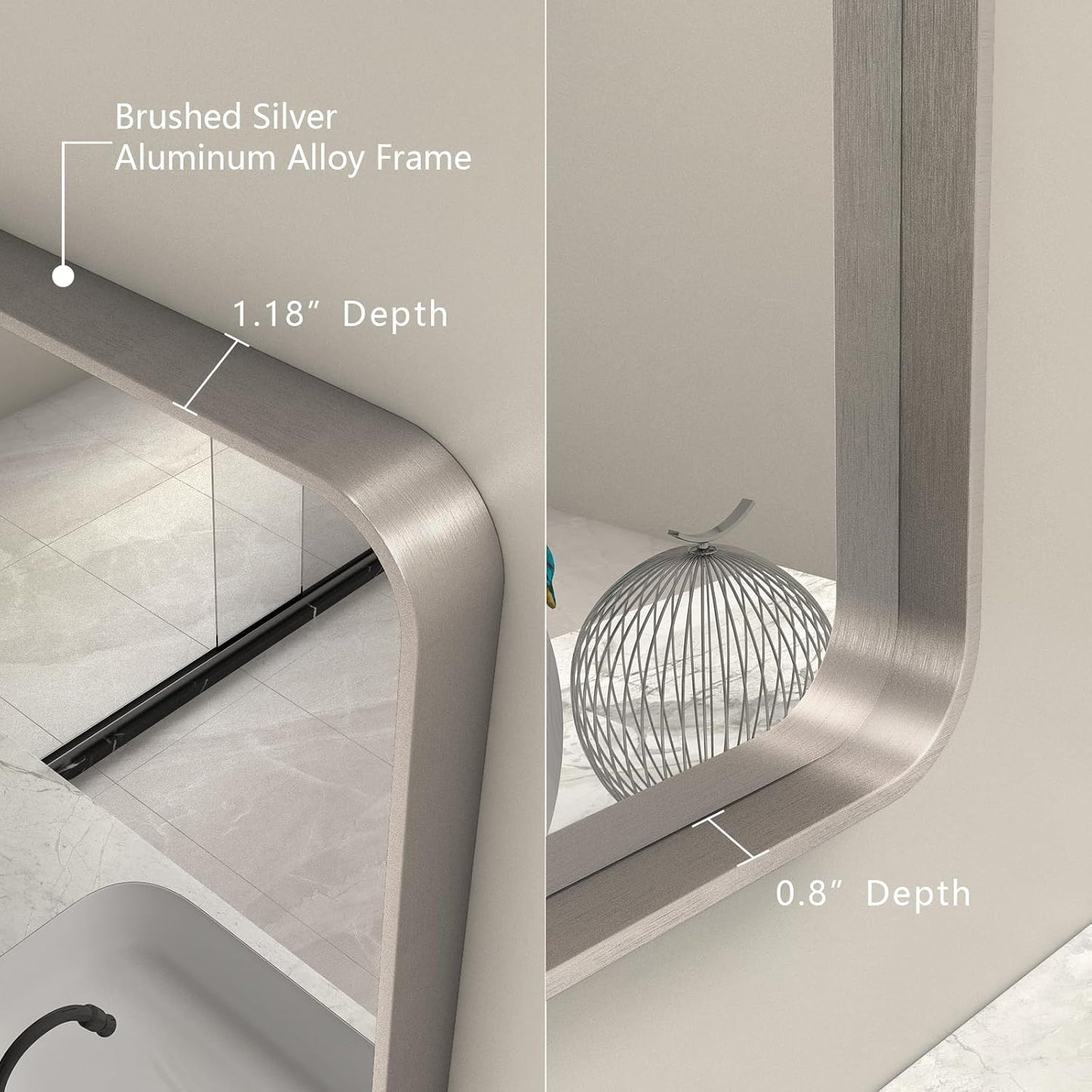 28x36 Silver Bathroom Mirror for Wall, Brushed Metal Framed Bathroom Vanity Mirror, Rounded Corner Rectangle Silver Mirror, Shatterproof, Anti-Rust (Horizontal/Vertical)