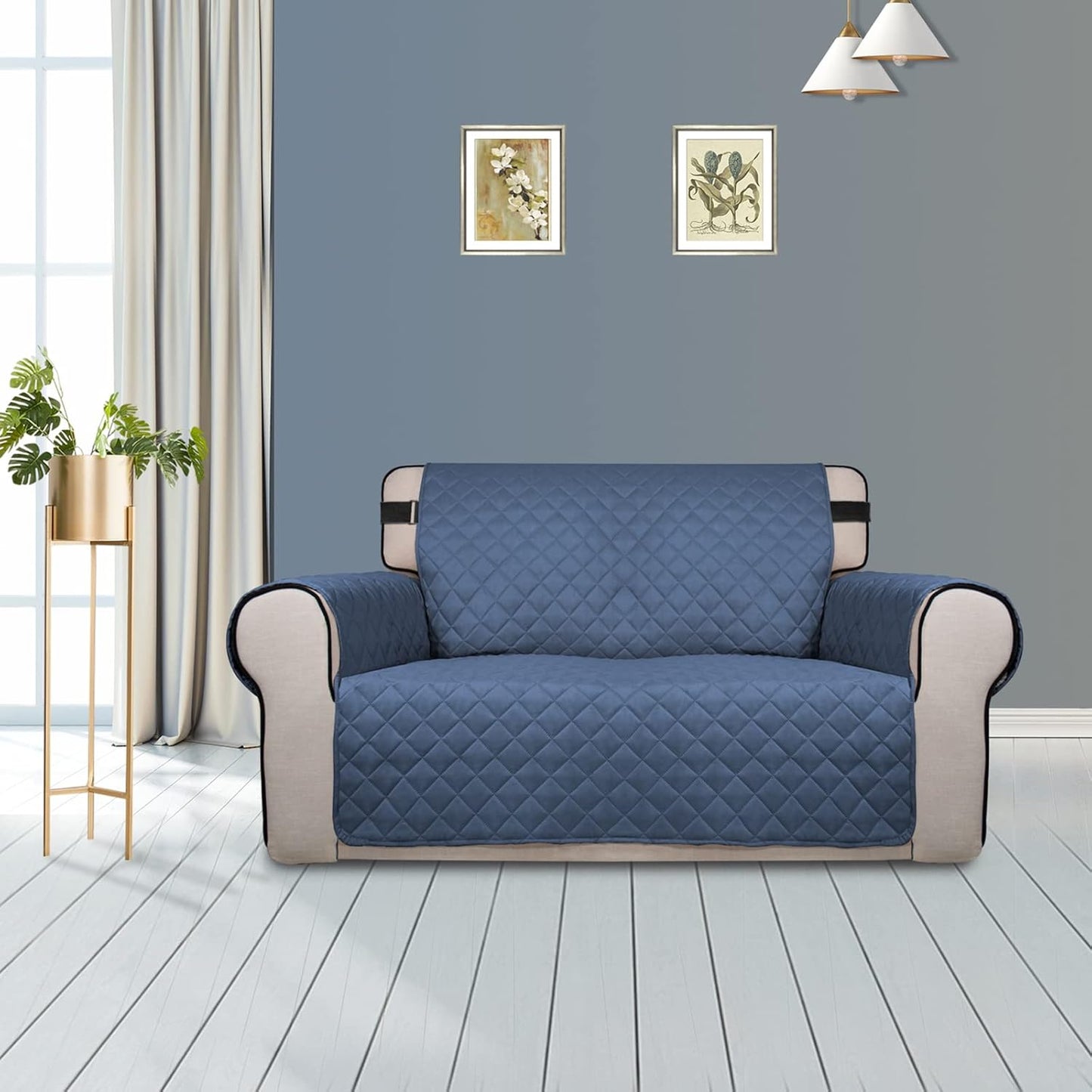 PureFit Reversible Sofa Cover Water Resistant Loveseat Couch Cover, Machine Washable Furniture Cover with Non-Slip Foam and Adjustable Strap for Dogs, Pets (Loveseat, Dark Blue/Light Blue)