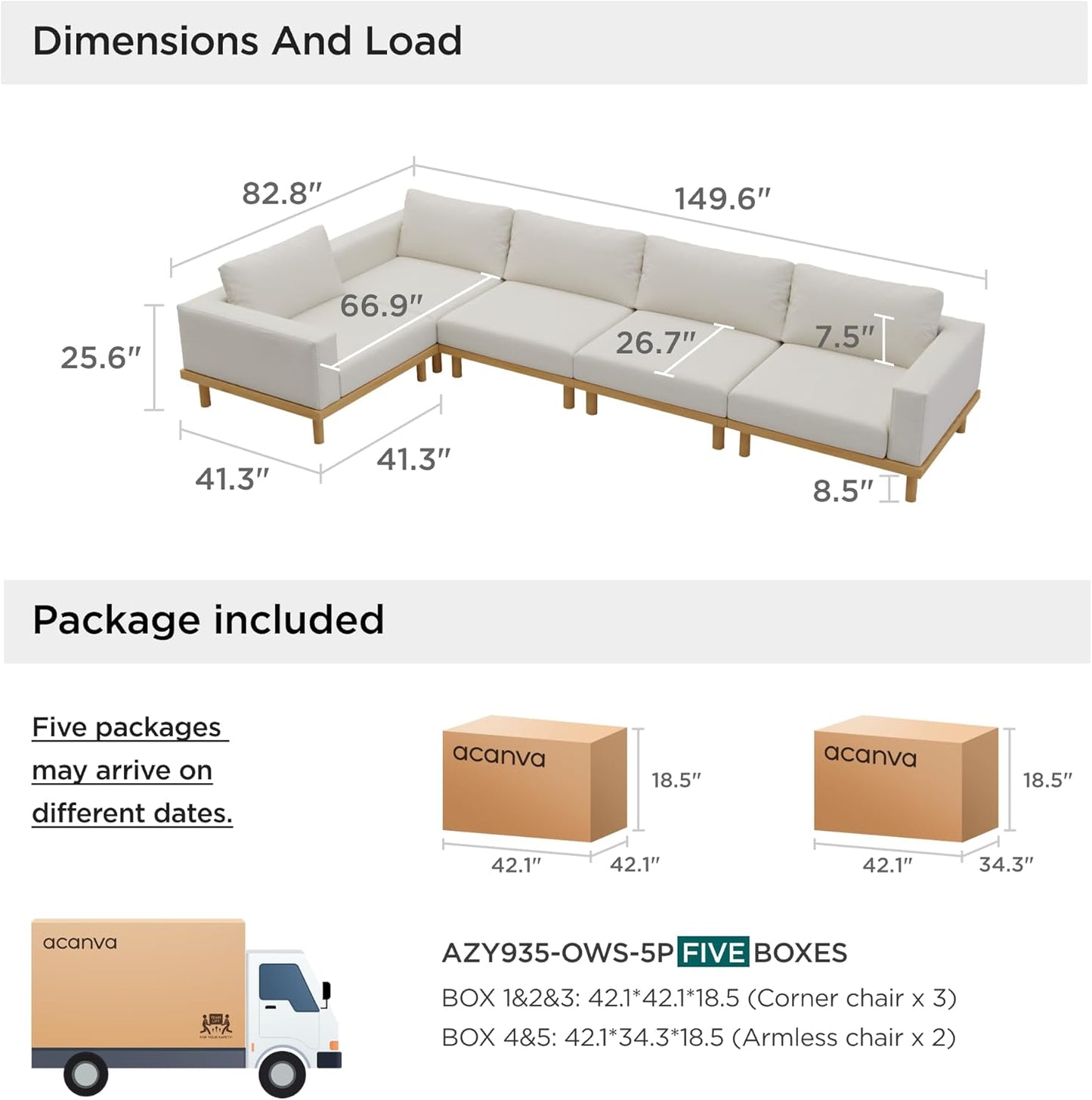 Acanva Minimalist Modular Sectional Sofa for Living Room, Wide & Deep Seat Convertible Furniture Set with Metal Frame and Movable Covers, 5 Piece, Off White