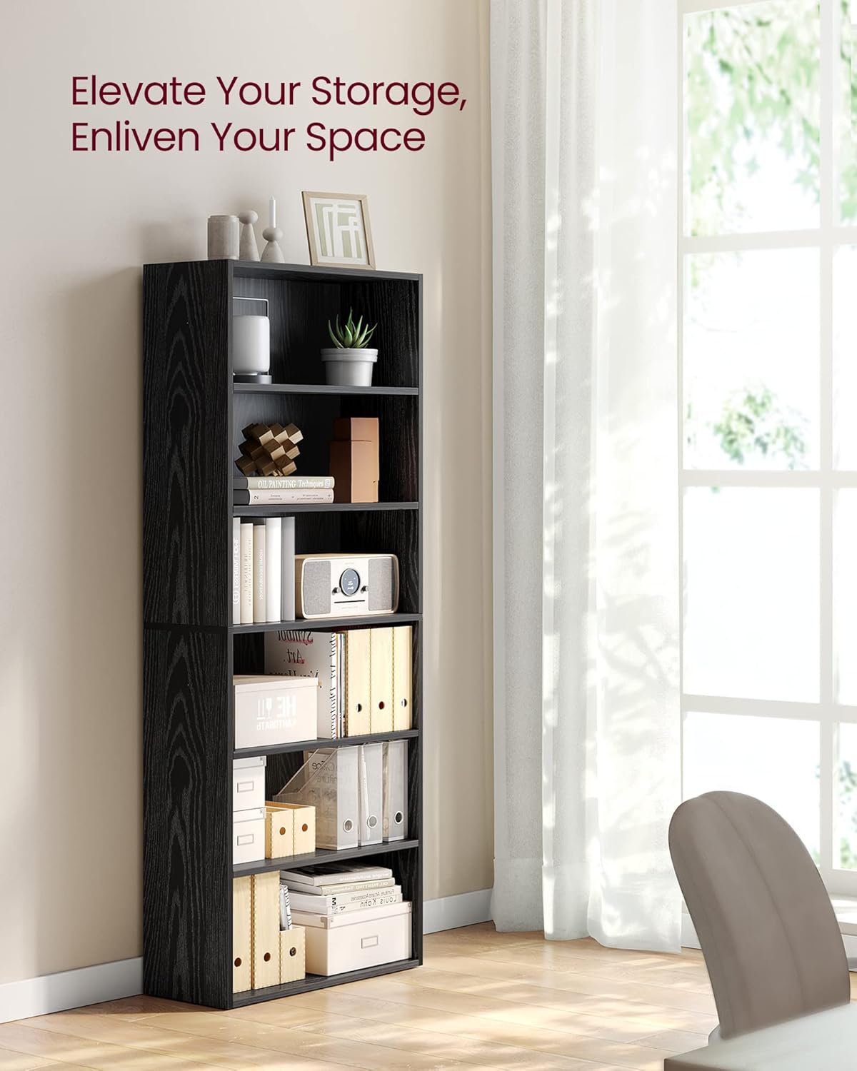 VASAGLE CUSTOS Collection - Bookshelf, 6-Tier Bookcase, Book Shelf, Open Storage Shelf, 9.4 x 23.6 x 63.3 Inches, for Living Room, Home Office, Dinning Room, Ebony Black ULBC166T56