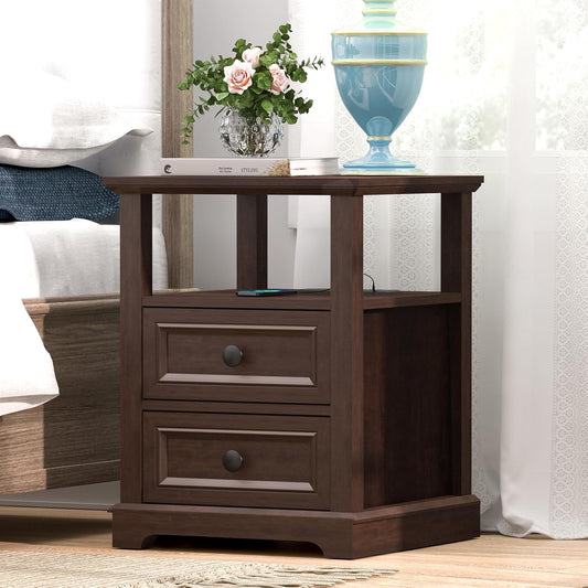 24" Tall End Table with Charging Station, Double 18W Fast Charge End Table, Large 18” Bedside Table with Drawers,Rustic Wood Storage Cabinet with Open Shelf for Bedroom,Cherry
