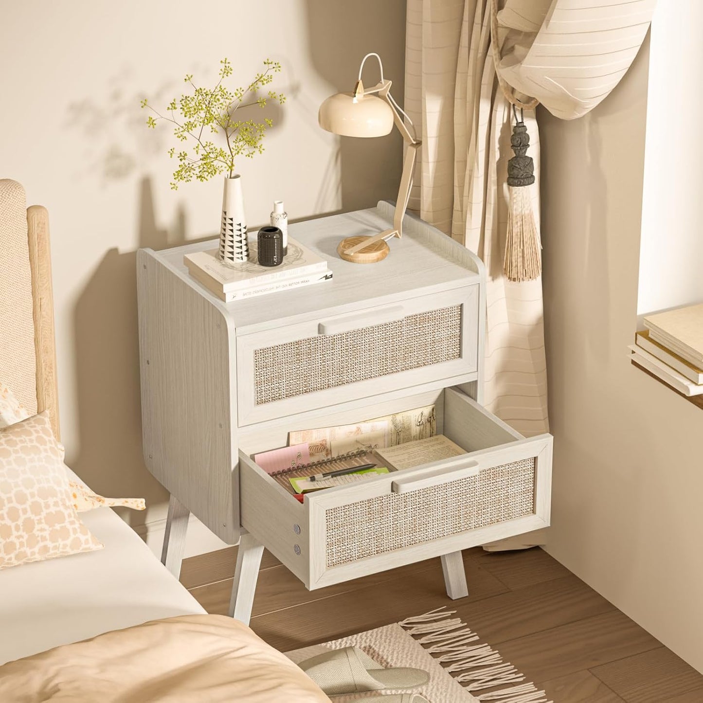 Lerliuo Rattan Nightstand, Boho Night Stand with 2 Drawers, Cane Accent Side End Table, Bedside Table with Solid Wood Legs for Bedroom, Dorm and Small Spaces (White)