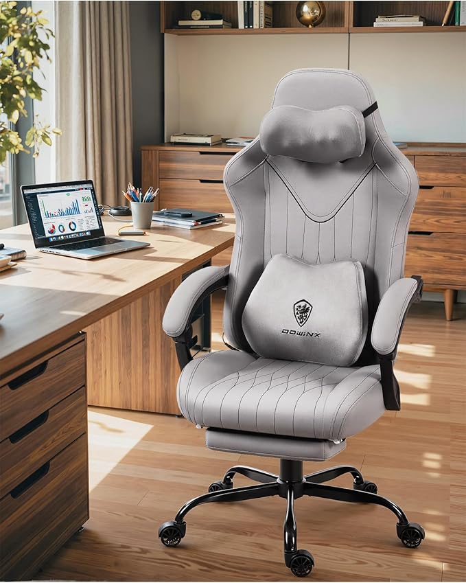 Dowinx Gaming Video Gaming Chair with Shiatsu Neck Massage and Lumbar Support for Home Office High Back Recliner Height Adjustable Ergonomic Comfy Leather Computer Desk Chair (Grey)