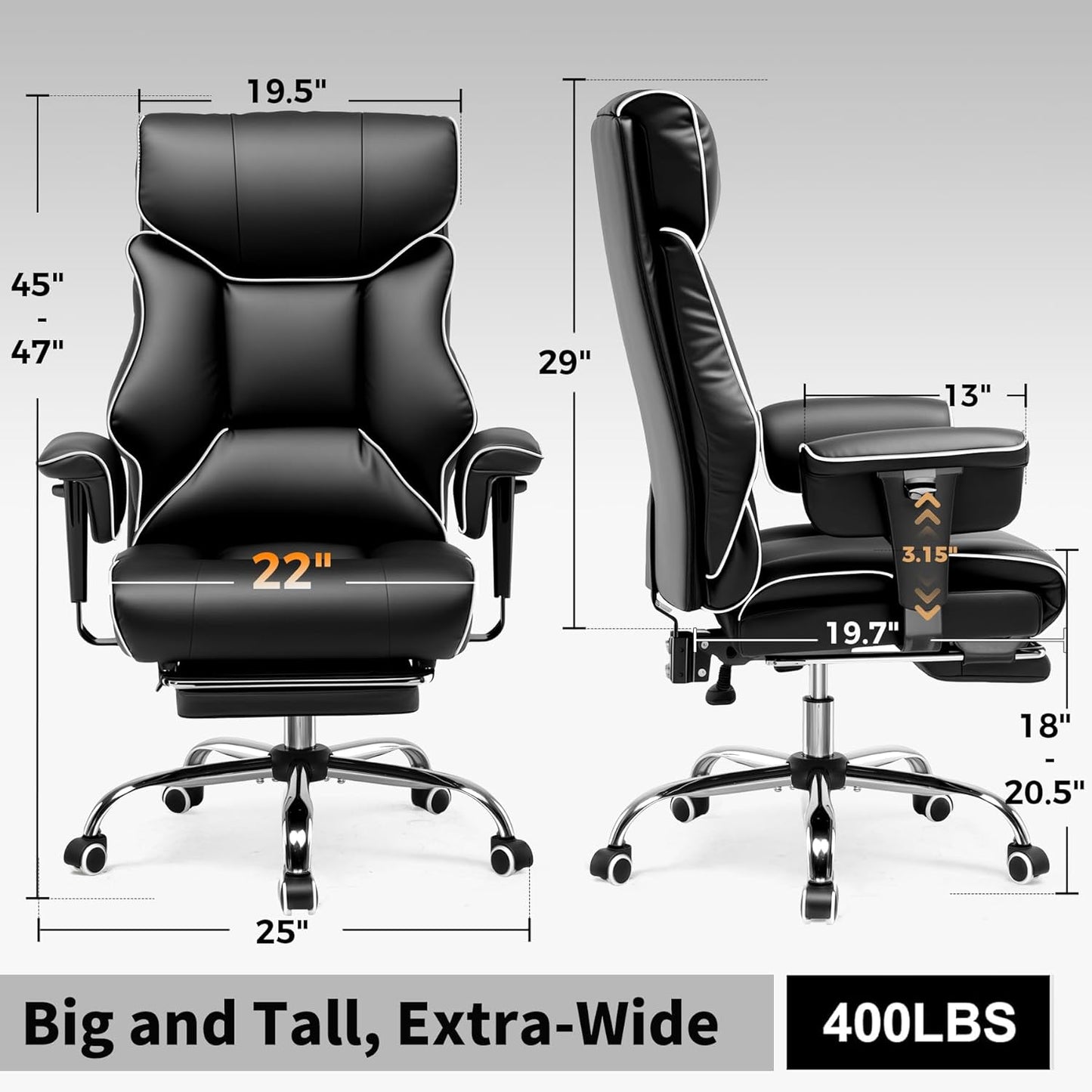COMHOMA Big and Tall Office Chair 400lbs High Back Gaming Chair with Ergonomic Lumbar Support & Pocket Spring Cushion for Lower Back Pain Relief, Leather Executive Chair with Foot Rest, White/Black