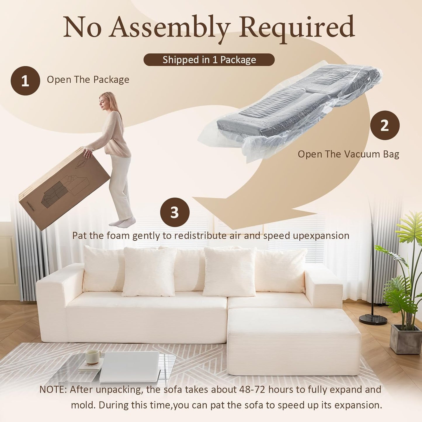 INGEROOM 108" Cloud Sectional Couch with L-Shape Chaise, Modular Sofa Memory Foam, Boneless Sofa with Movable Ottoman, Upholstered Couches for Living Room Bedroom, No Assembly Required, Beige