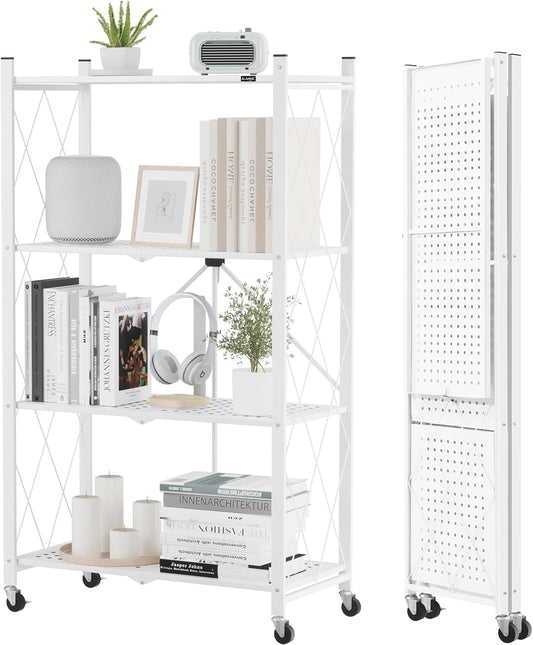 ALANNG Storage Shelves with Wheels, Bookshelf with Storage, No Assembly Metal Rack Cart for Kitchen, Office, Laundry, Garage (4 Tier, White)