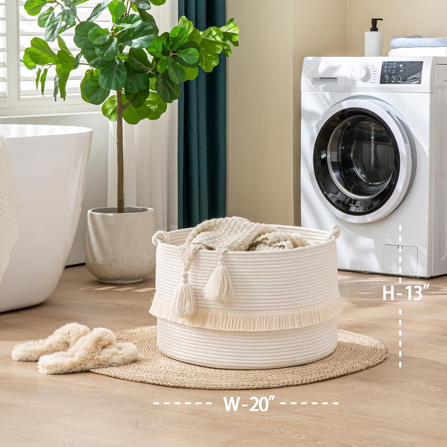 KAKAMAY Large Blanket Basket (20"x13"),Woven Baskets for storage Baby Laundry Hamper, Cotton Rope Blanket Basket for Living Room, Laundry, Nursery, Pillows, Baby Toy chest (White)