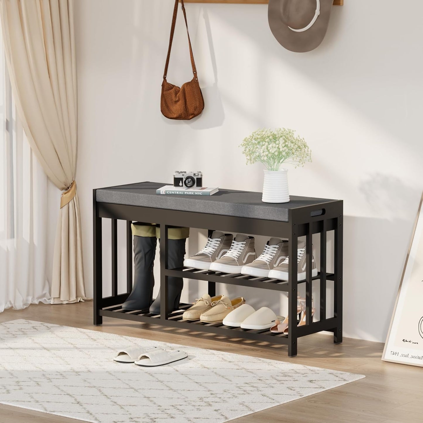 Shoe Rack Bench with Cushion,2 Tiers Shoe Bench with Flip-Top Storage,Wood Shoe Rack for Entryway, Hallway, Bedroom, Front Door Entrance (Black)