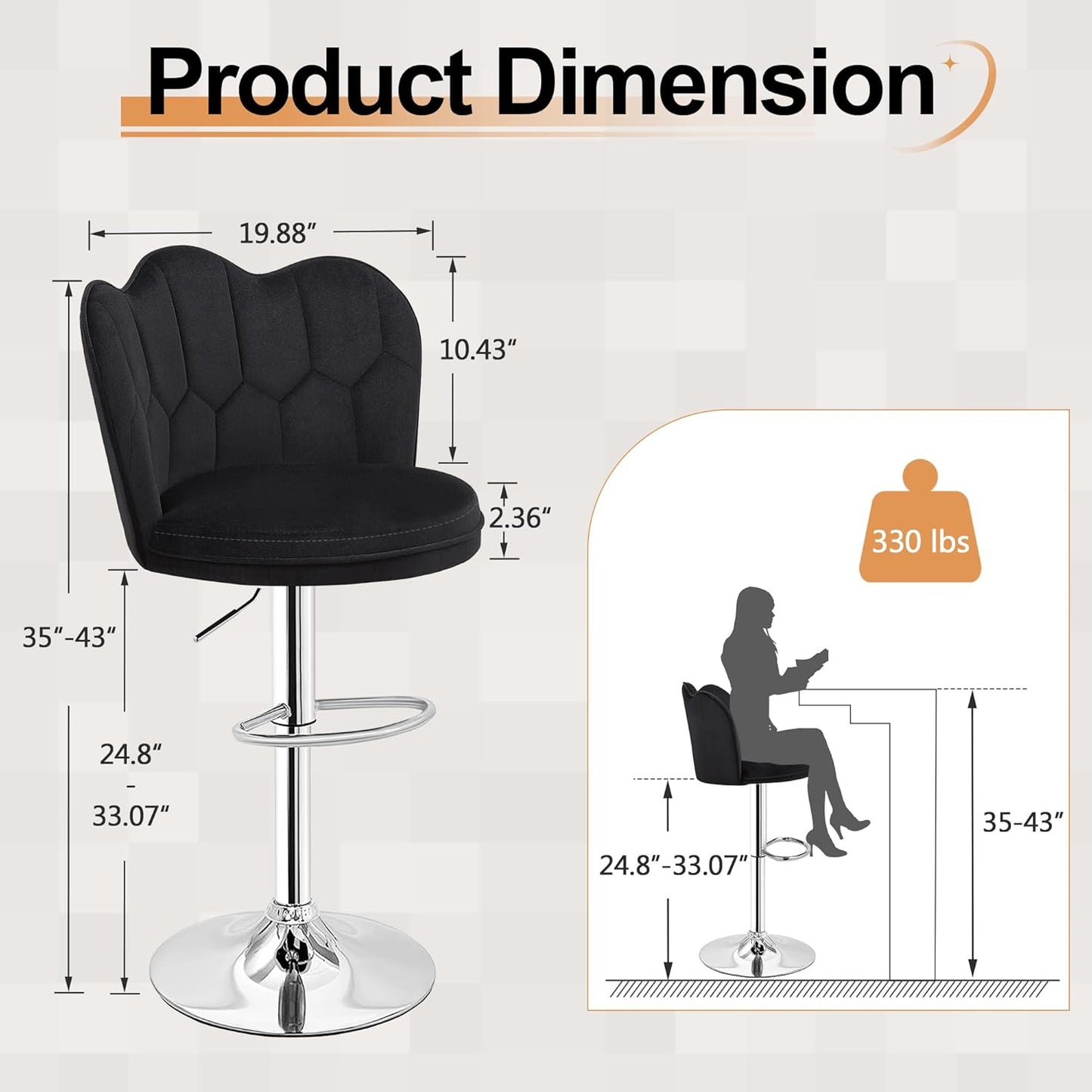 VECELO Bar Stools Set of 2, Adjustable Barstools with Back, Velvet Armless Counter Height Stool Kitchen Island Stool Swivel Bar Chairs for Pub Dining Room Living Room, Black