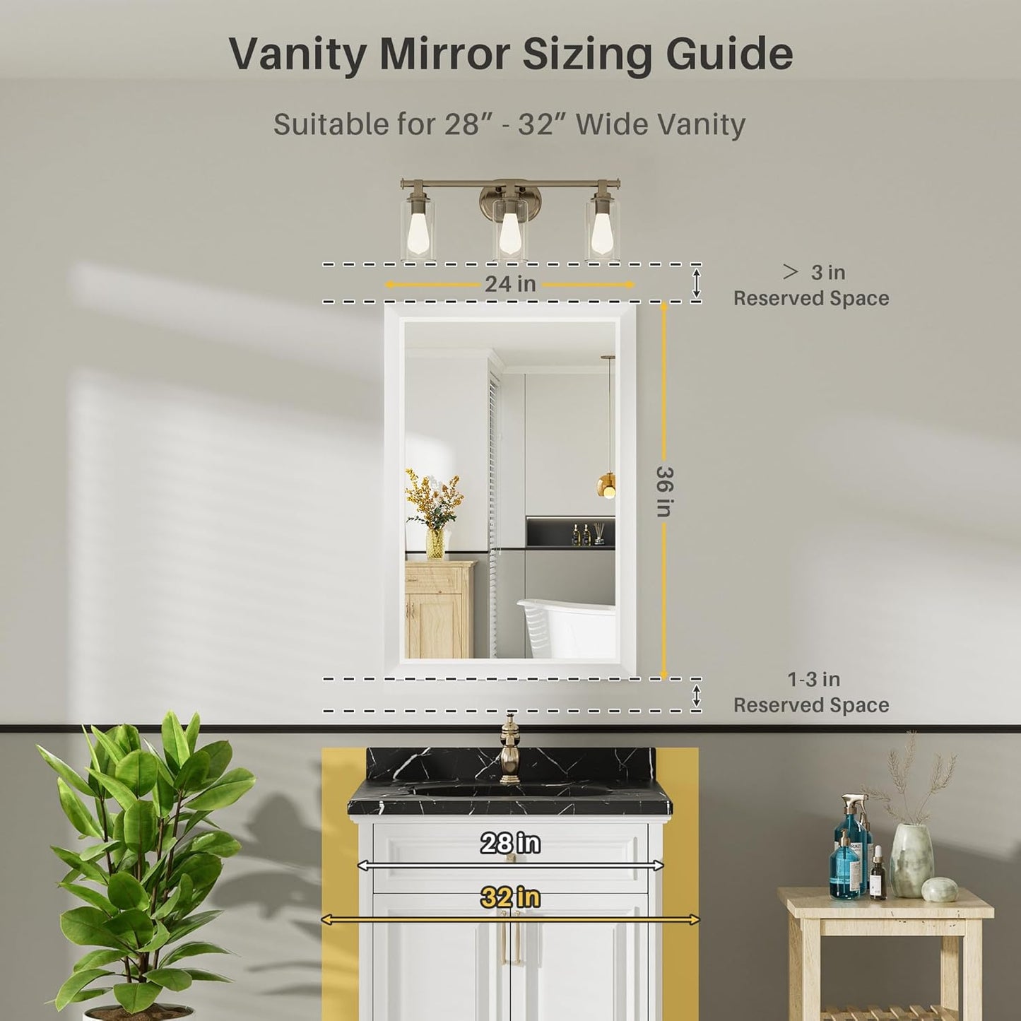 24x36 Inch White Bathroom Mirror for Wall, Thick Metal Framed Rectangle Mirrors for Over Sink, Bedroom, Living Room, Entryway, Anti-Rust, HD Tempered Glass