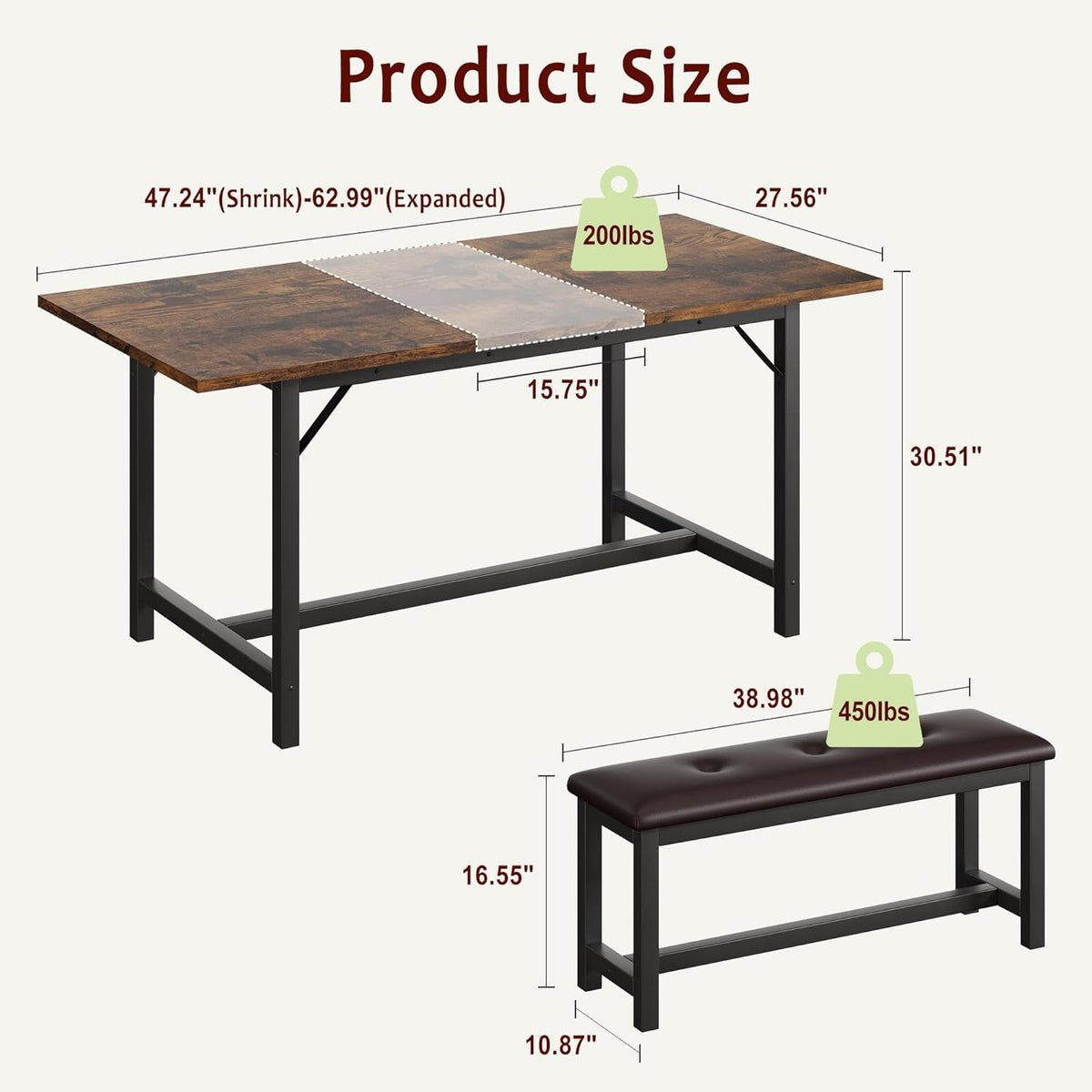 Dining Table Set for 4-6, 63“ Large Extendable Kitchen Table Set, Wood Rectangle Kitchen Table with 2 Soft Benches for Small Space, Apartment, Dinner,Saving Space, Retro Brown