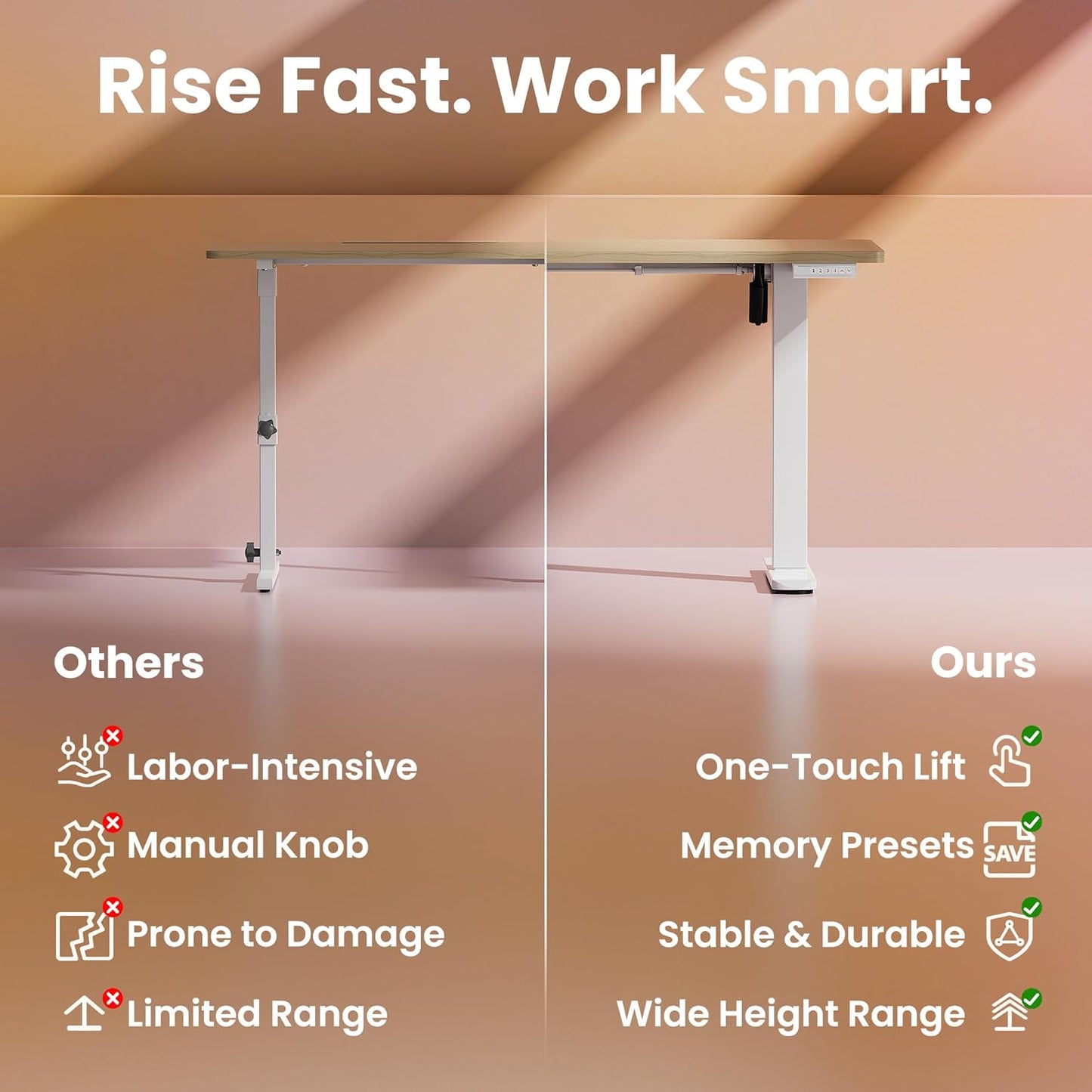 HUANUO 43 x 24 inch Electric Standing Desk Adjustable Height, 4 Memory Height Settings, Sit Stand Up Desk for Home Office & Computer Workstation, Light Walnut