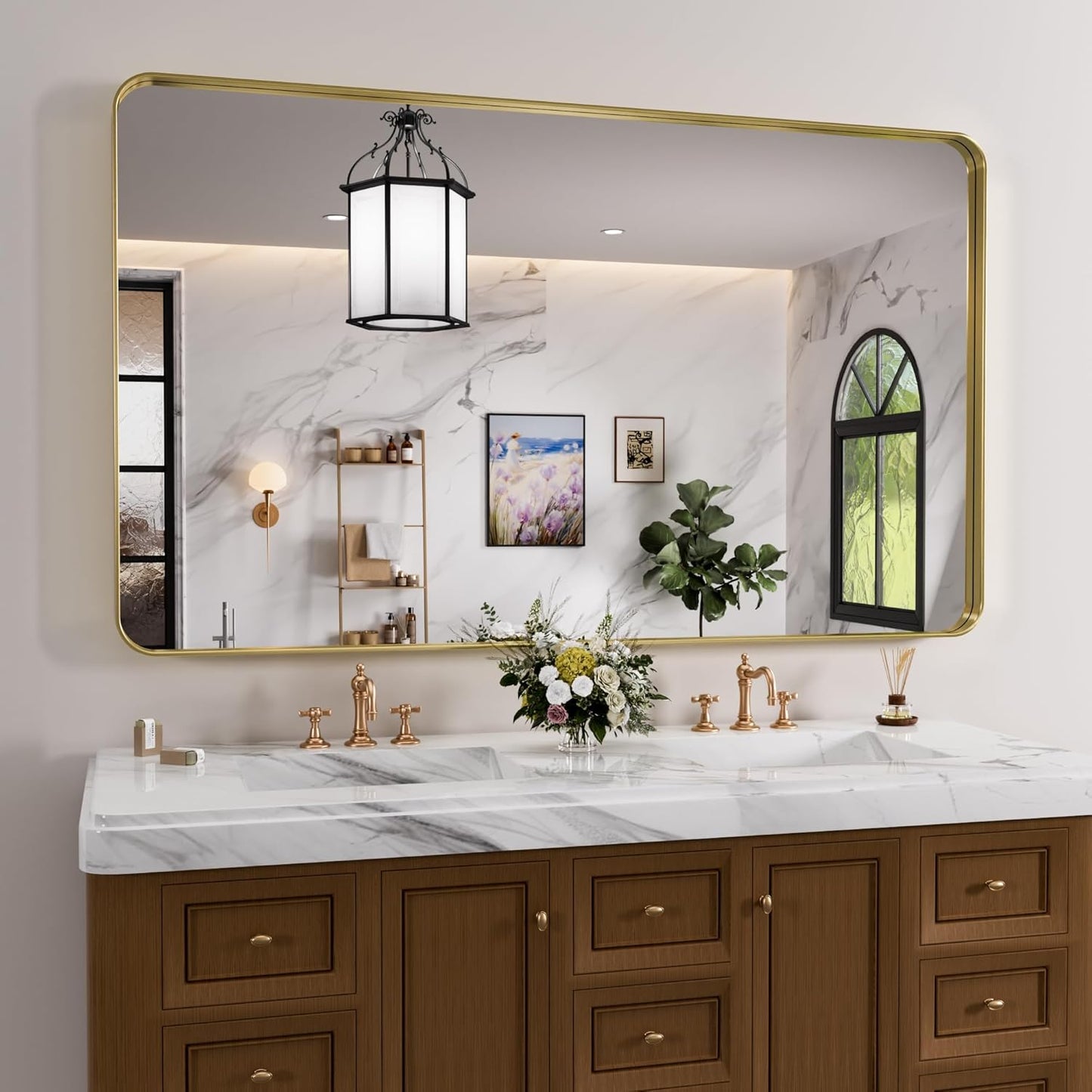 Gold Bathroom Mirror, 60x36 Inch Brushed Gold Metal Frame Mirror for Wall, Rounded Rectangle Bathroom Vanity Mirror, Tempered Glass, Anti-Rust, Horizontal/Vertical