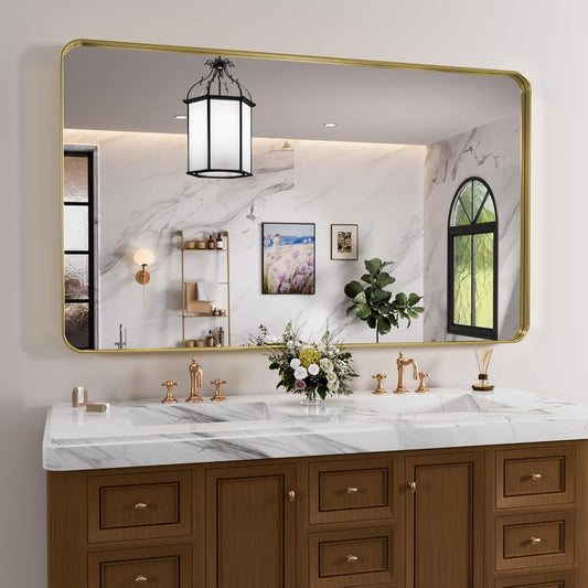 Gold Bathroom Mirror, 60x36 Inch Brushed Gold Metal Frame Mirror for Wall, Rounded Rectangle Bathroom Vanity Mirror, Tempered Glass, Anti-Rust, Horizontal/Vertical