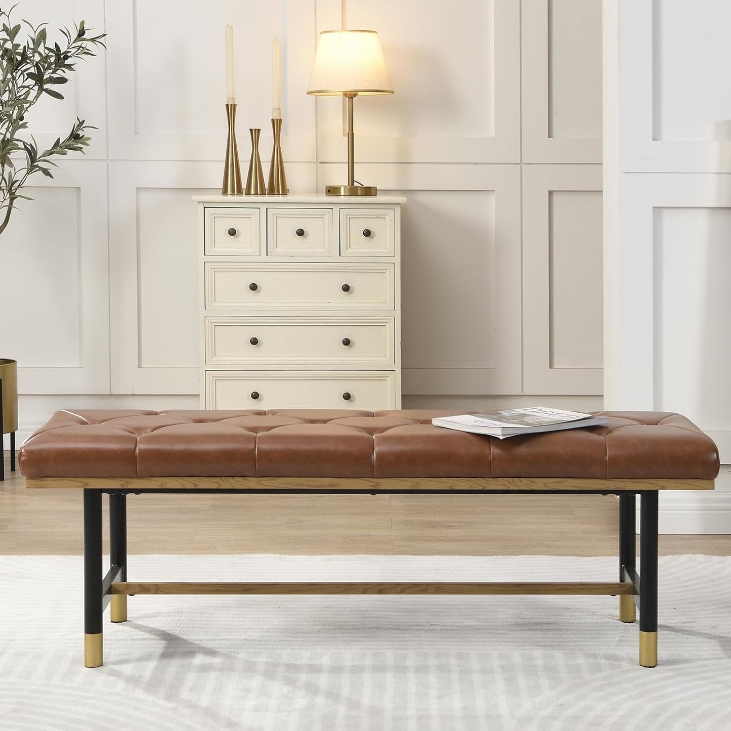 Modern Faux Leather Bench for Living Room and Bedroom, End of Bed Entryway Bench with Solid Metal Shelf, Padded Seat, Brown