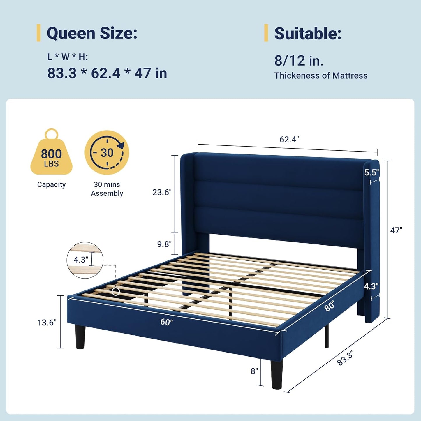Allewie Queen Size Platform Bed Frame with Velvet Upholstered Wingback Headboard, No Box Spring Needed, Under Bed Storage Space, Wooden Slats, Modern Mattress Foundation, Easy Assembly, Blue