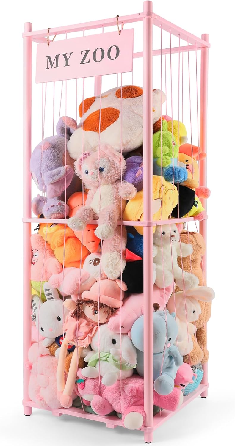 Stuffed Animal Storage Zoo, Wooden Stuffed Animal Organizer with Elastic Cords for Boys Girls, Space Saving Toy Plushies Storage Holder for Playroom, Bedroom, Living Room (Pink, Large)