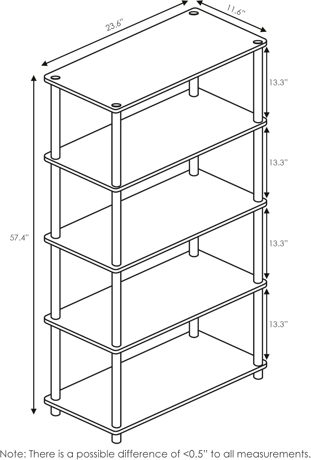 Furinno Turn-N-Tube 5-Tier Multipurpose Shelf / Display Rack / Storage Shelf / Bookshelf, Round Tubes, Sonoma Oak/White