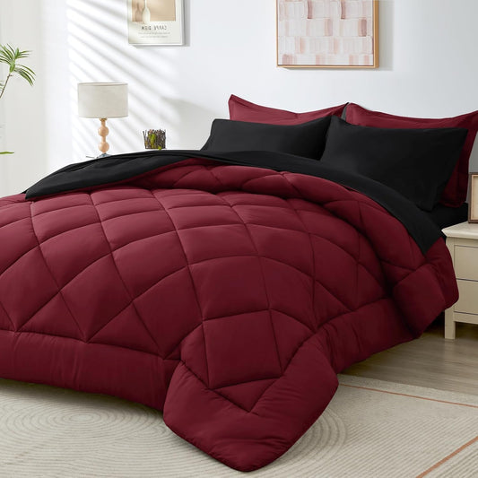 HEVUMYI Red & Black Cali-King Comforter Set - 7-Piece All Season Bed in a Bag Cali-King, Ultra Soft Burgundy Bedding Set with Comforter, Flat Sheet, Fitted Sheet, Pillowcases, Pillow Shams, Burgundy