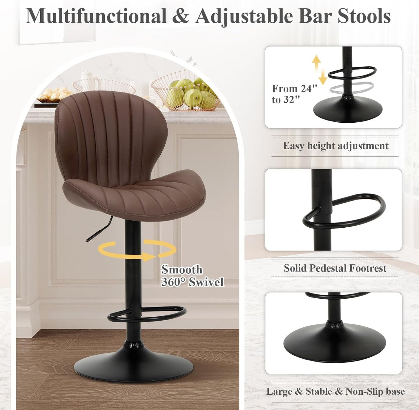 COLAMY Bar Stools Set of 6, Modern Swivel Bar Chairs, Adjustable Faux Leather Upholstered Barstools Counter Height with High Backrest for Bar, Kitchen Island, Dining Room, Brown