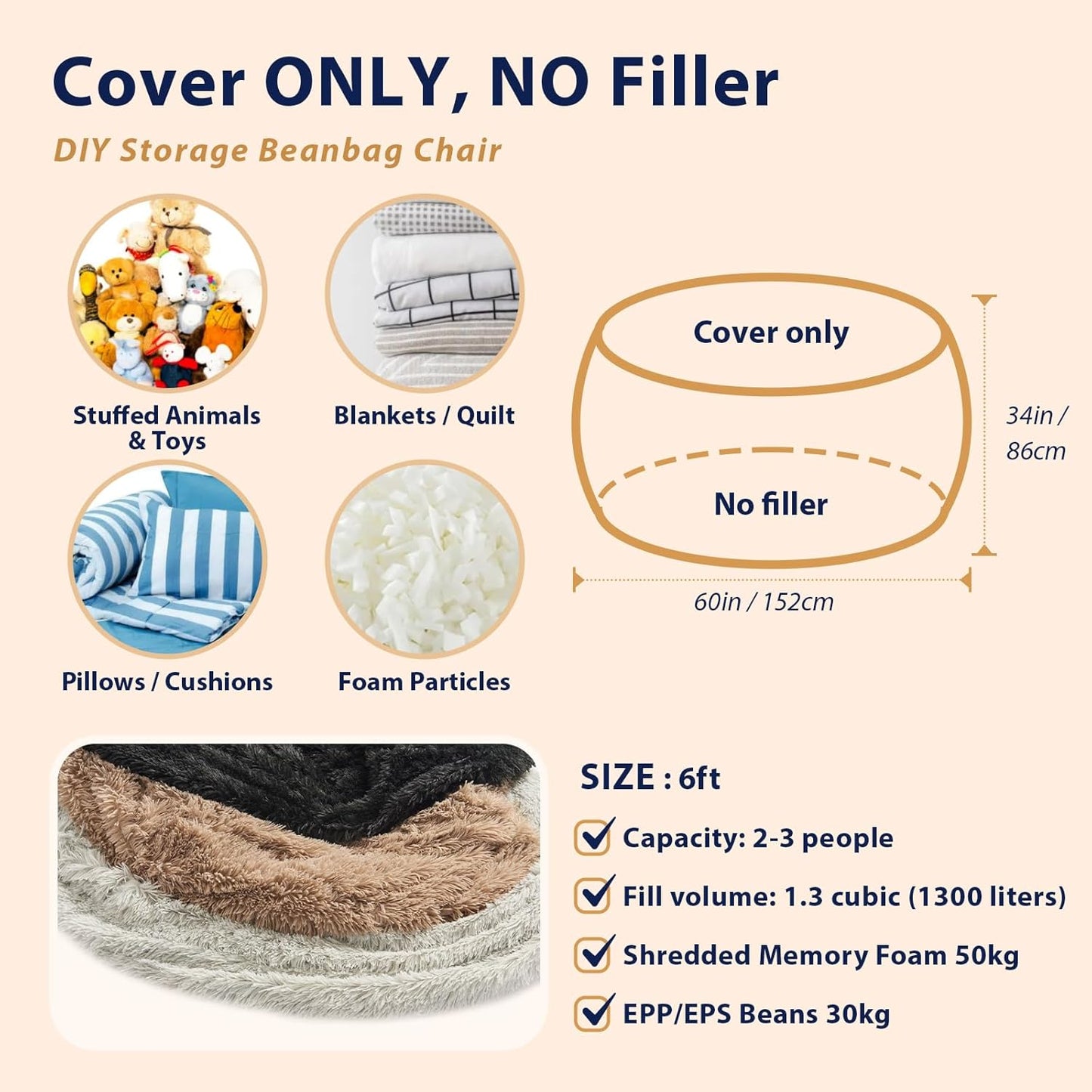 Giant Bean Bag Chair Cover(No Filler), Bean Bag Couch Cover Without Filler Included, Beanbag Chairs for Adults Teens Kids, Anti-Slip, 6FT, Orange