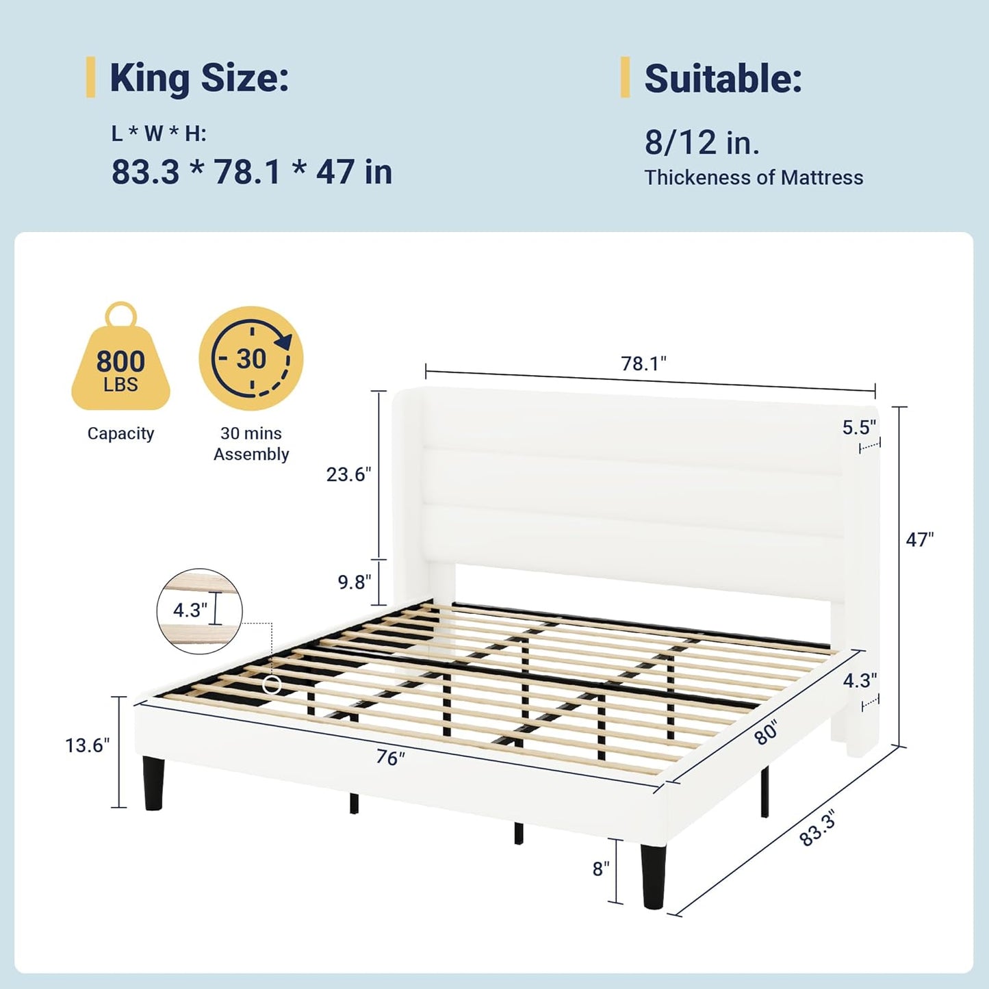 Allewie King Size Platform Bed Frame with Velvet Upholstered Wingback Headboard, No Box Spring Needed, Under Bed Storage Space, Strong Wooden Slats, Modern Mattress Foundation, Easy Assembly, White