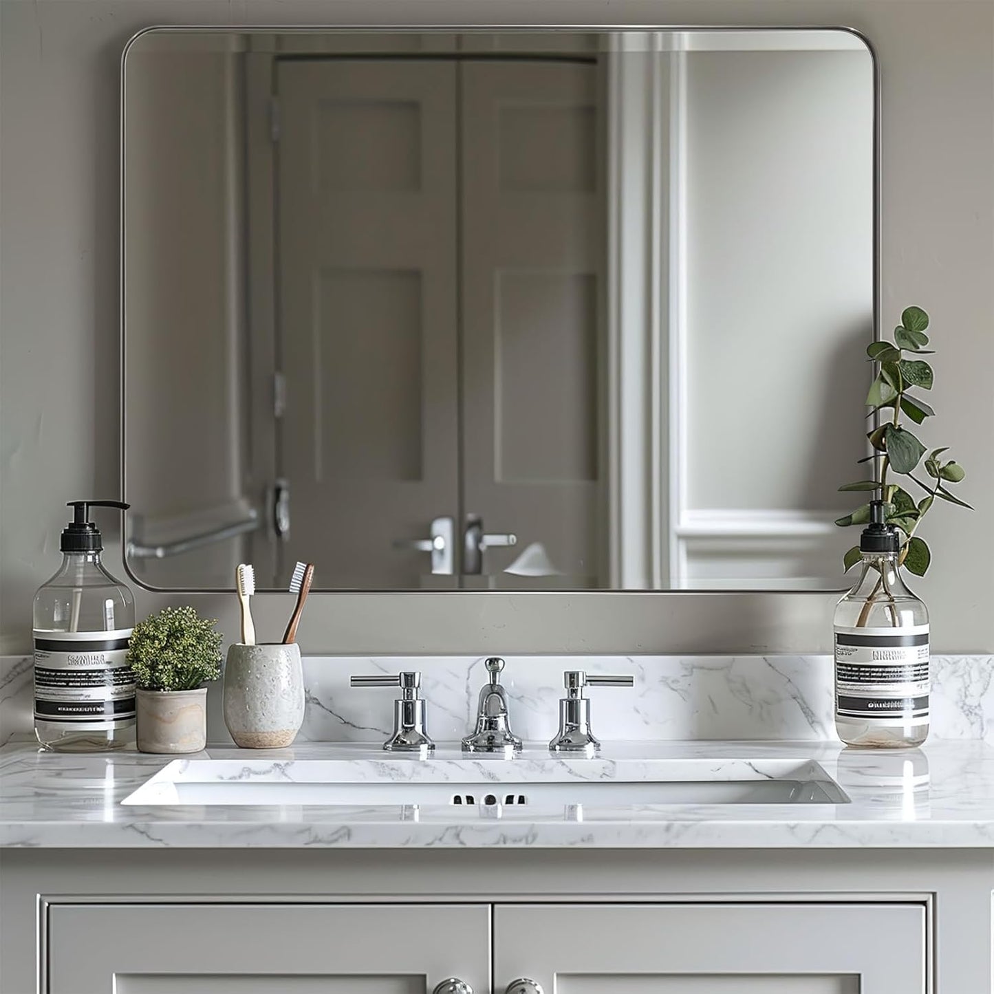 ANDY STAR 36"x48"Chrome Bathroom Mirror, Large Wall Mirror for Bathroom, Rounded Rectangle Mirror in Premium Stainless Steel Metal Frame Hangs Horizontal Or Vertical…