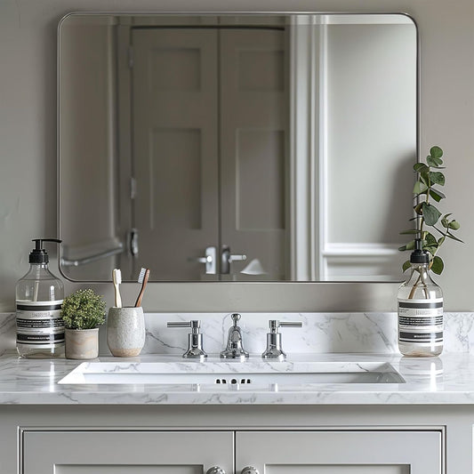 ANDY STAR 36"x48"Chrome Bathroom Mirror, Large Wall Mirror for Bathroom, Rounded Rectangle Mirror in Premium Stainless Steel Metal Frame Hangs Horizontal Or Vertical…