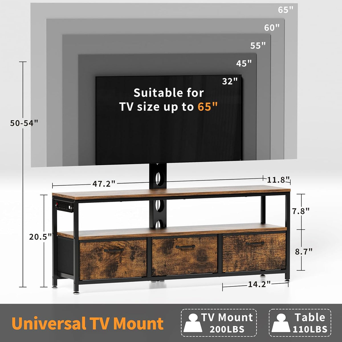 JUSTOGO TV Stand with Mount and Power Outlet, TV Stand with Drawers Storage for Living Room Bedroom, LED Entertainment Center for 45/55/60/65 inch, Height Adjustable Media Console, Rustic