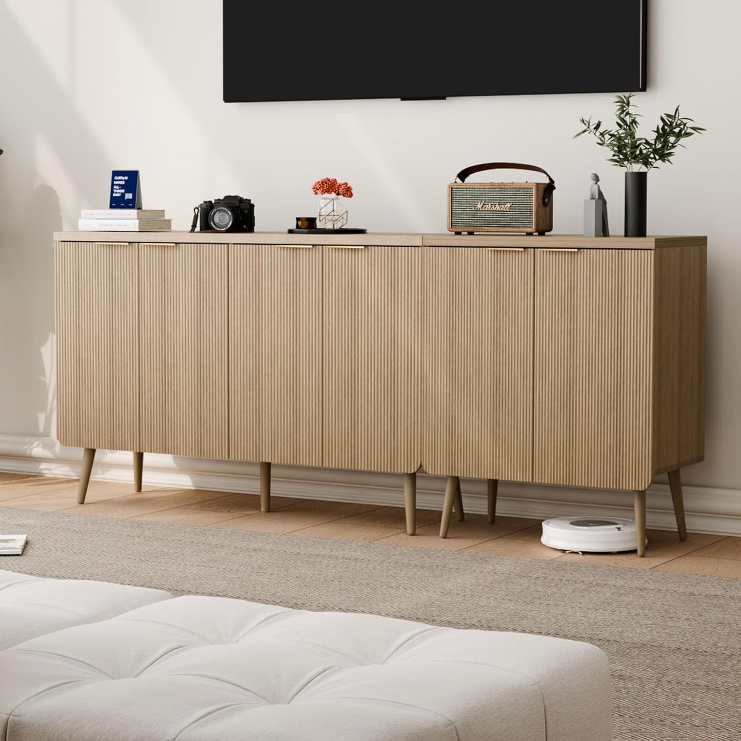 Sideboard Buffet Cabinet with Storage, 4 Doors Wood Entryway Cabinet, Modern Accent Cabinet with Solid Wood Feet & Adjustable Shelves, Multifunctional Console Table for Living Room, Kitchen, Hallway