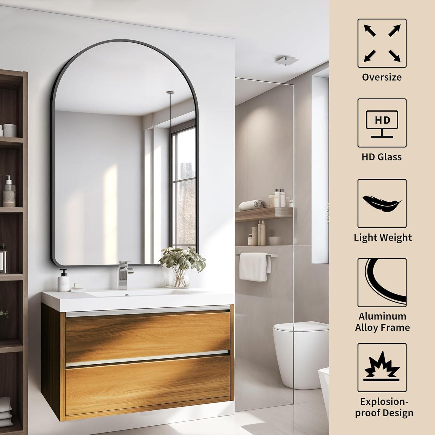 FORBATH Arched Mirror 32x48 Inch, Bathroom Mirror Wall Mounted Modern Black Aluminum Alloy Frame Decor Large Dresser Mirror for Bedroom Living Room Entryway, Hanging or Leaning Against Wall