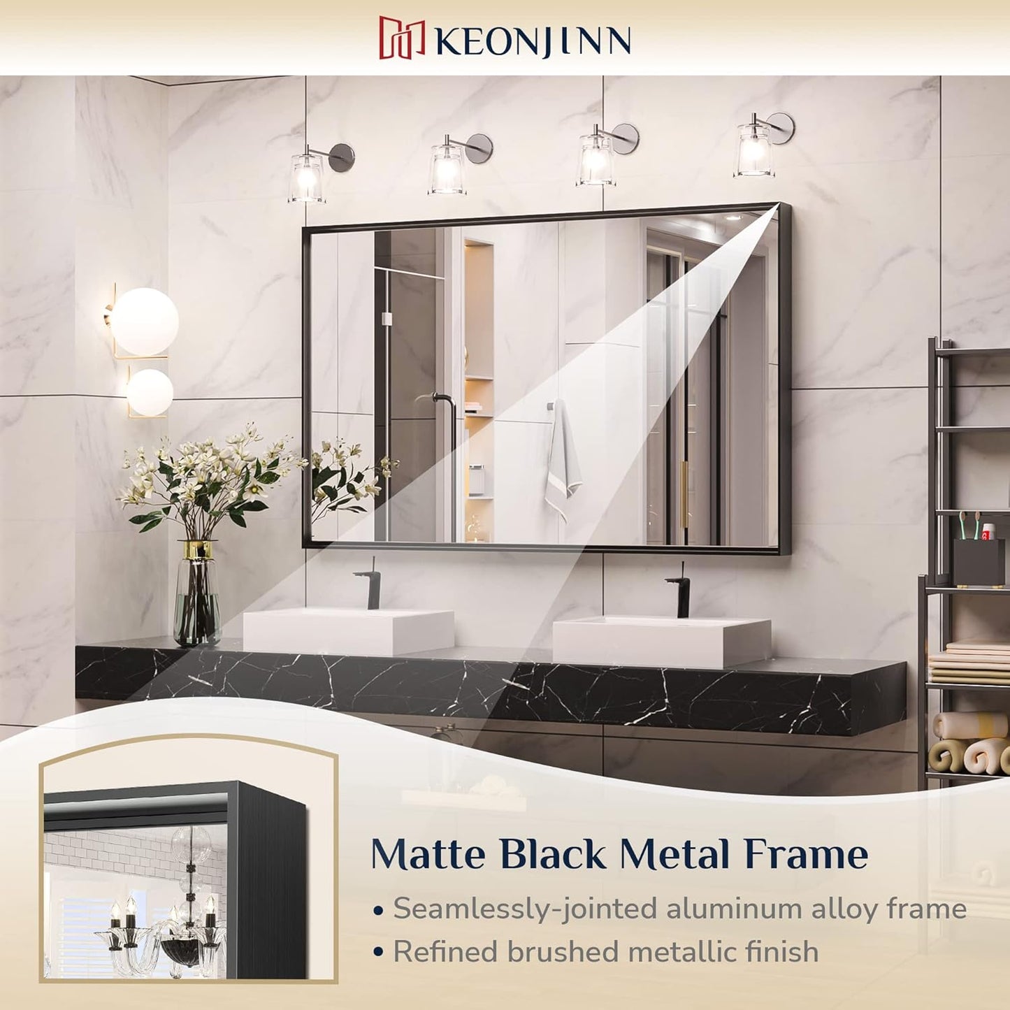 Keonjinn Black Framed Mirror for Bathroom 48 x 30 Inch Large Matte Black Bathroom Mirror Rectangle Wall Mirror Square Corner Metal Frame Farmhouse Bathroom Mirror for Over Sink(Horizontal/Vertical)