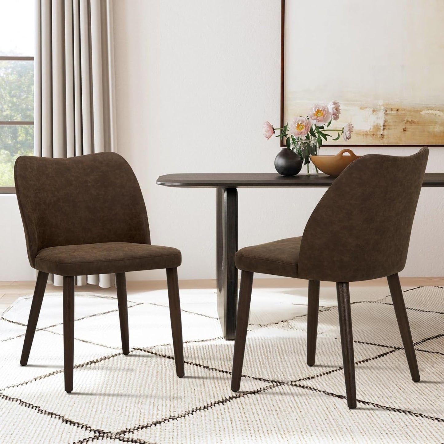 COLAMY Upholstered Dining Chairs Set of 6, Modern PU Leather Dining Room Kitchen Side Chair with Padded Seat and Wood Legs Restaurant/Cafe, Dark Brown