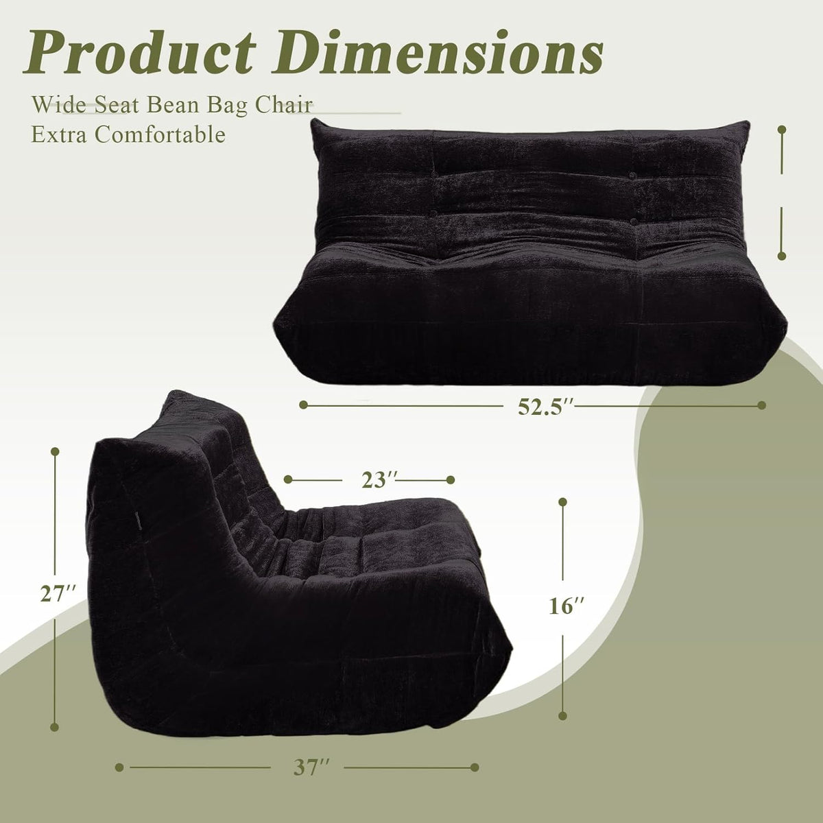 Bean Bag Chair, Loveseat Fireside Chair Large Bean Bag Sofa for Adults, Memory Foam Two Seater Couch Gaming Chairs with Comfy Design, Lazy Floor Sofa for Living Room, Bedroom, Dark Gray