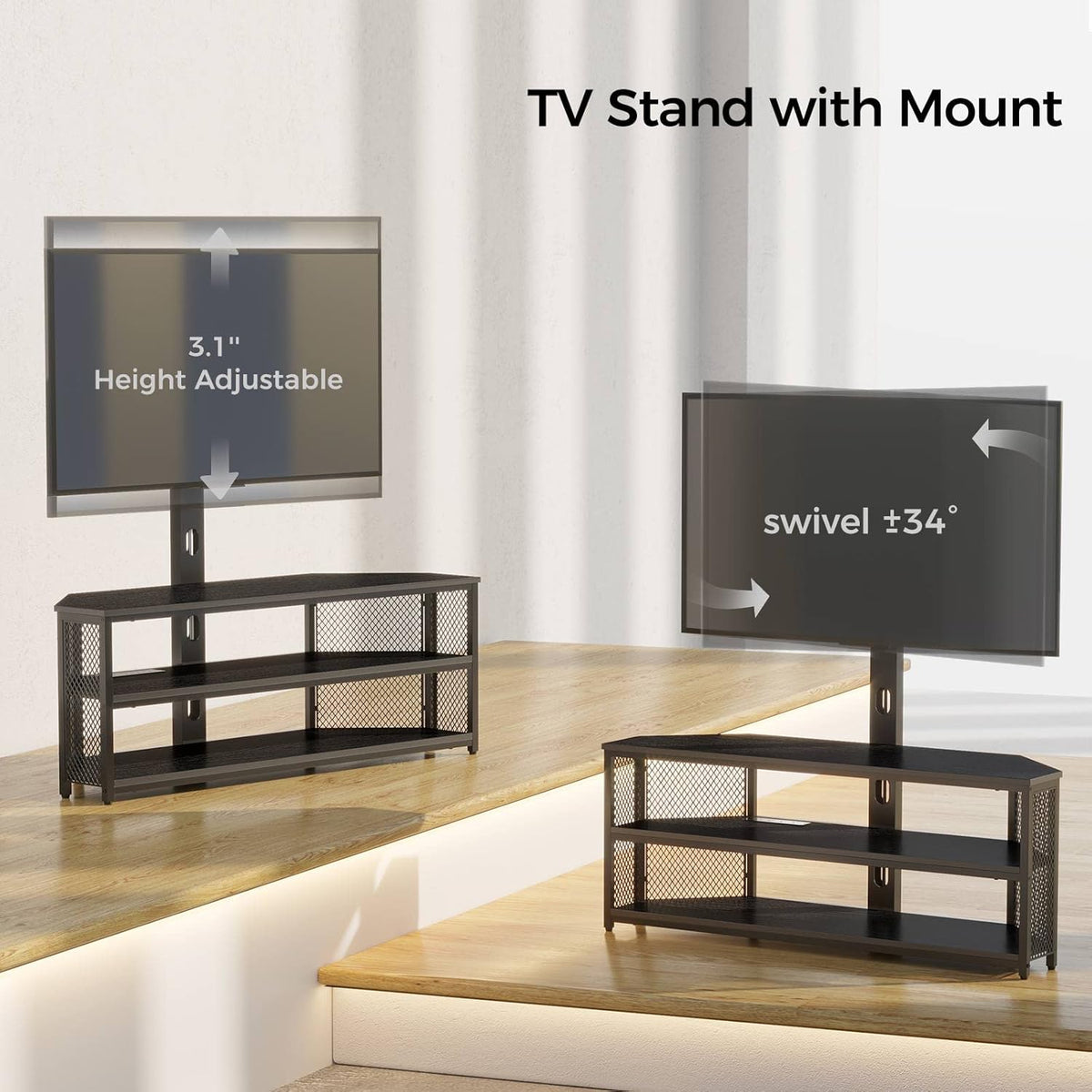 Rolanstar TV Stand with Mount and Power Outlet, Swivel TV Stand with LED Lights for 32/45/55/60/65/70 inch TVs, Black Entertainment Center Media Console with Height Adjustable Mount