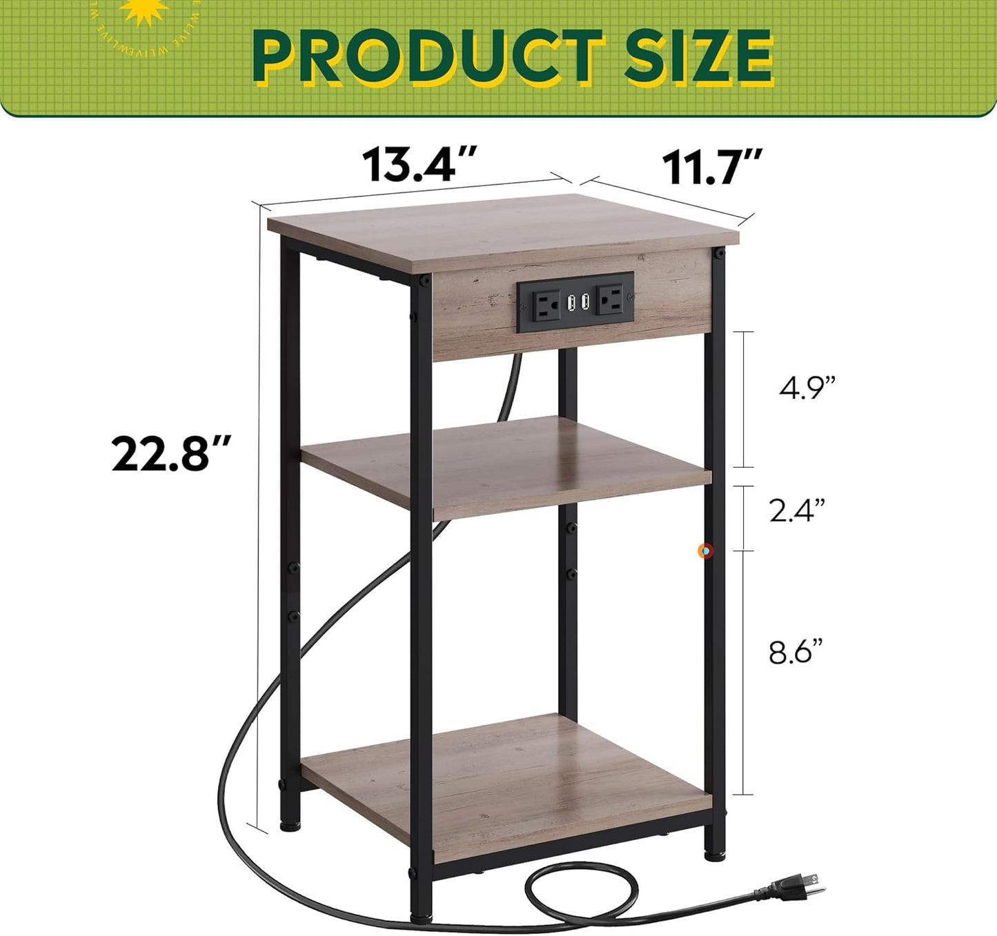 WLIVE End Table with Charging Station, Small Night Stand with 3 Storage Shelves, Side Tables for Small Spaces, Bedside Tables for Living Room, Bedroom, Grey