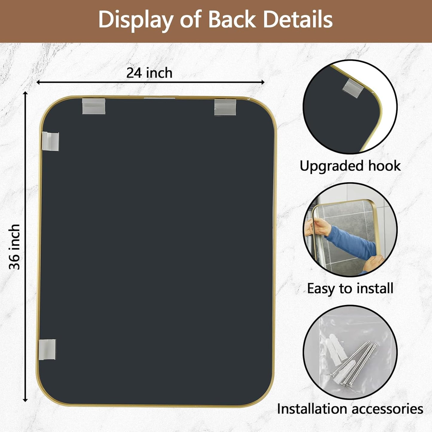 24x36 Inch Gold Mirror, Framed Rectangle Mirror with Rounded Corner, Brushed Brass Mirror, Gold Bathroom Mirror for Over Sink, Vanity, Living Room, Bedroom, Horizontal/Vertical