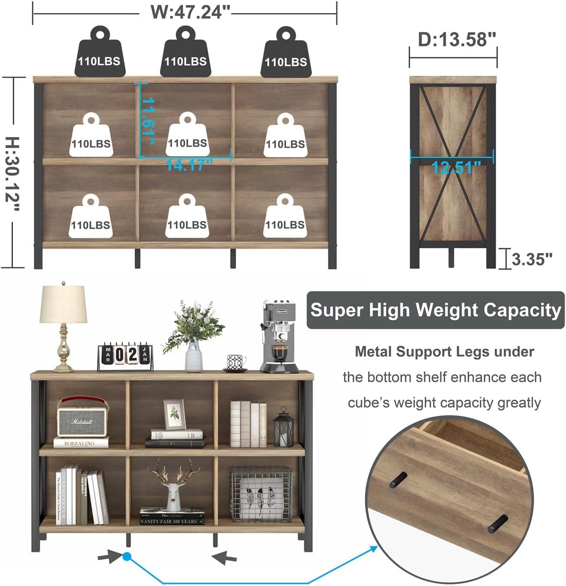 FATORRI 6 Cube Storage Organizer with Shelf, Long Wood and Metal Cubby Bookcase, Industrial Horizontal Bookshelf (Rustic Oak, 47 Inch)