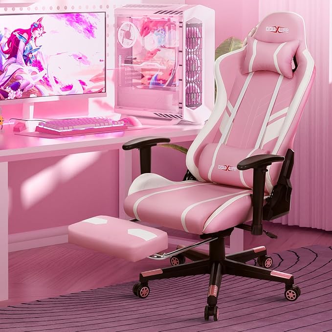 Douxlife 7-Point Massage Gaming Chair, 175° Gaming Recliner with Footrest Ergonomic Computer Office Chair High Back Video Game Chair with Lumbar Support, Upgraded Version Pink