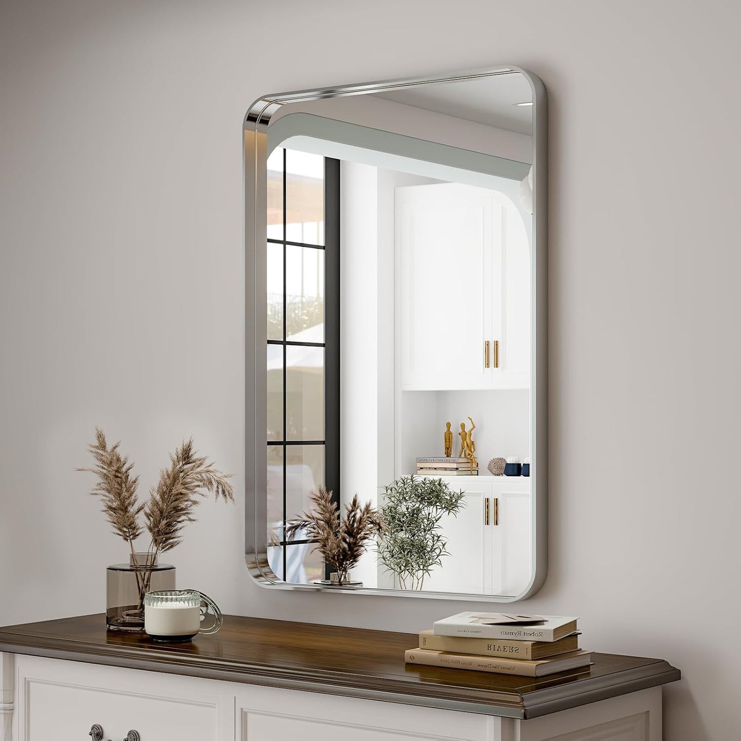 Silver Bathroom Mirror for Wall, 30x22 Inch Rectangular Aluminum Alloy Framed Mirror, Modern Wall Mounted Vanity Mirror for Bathroom, Vertical or Horizontal