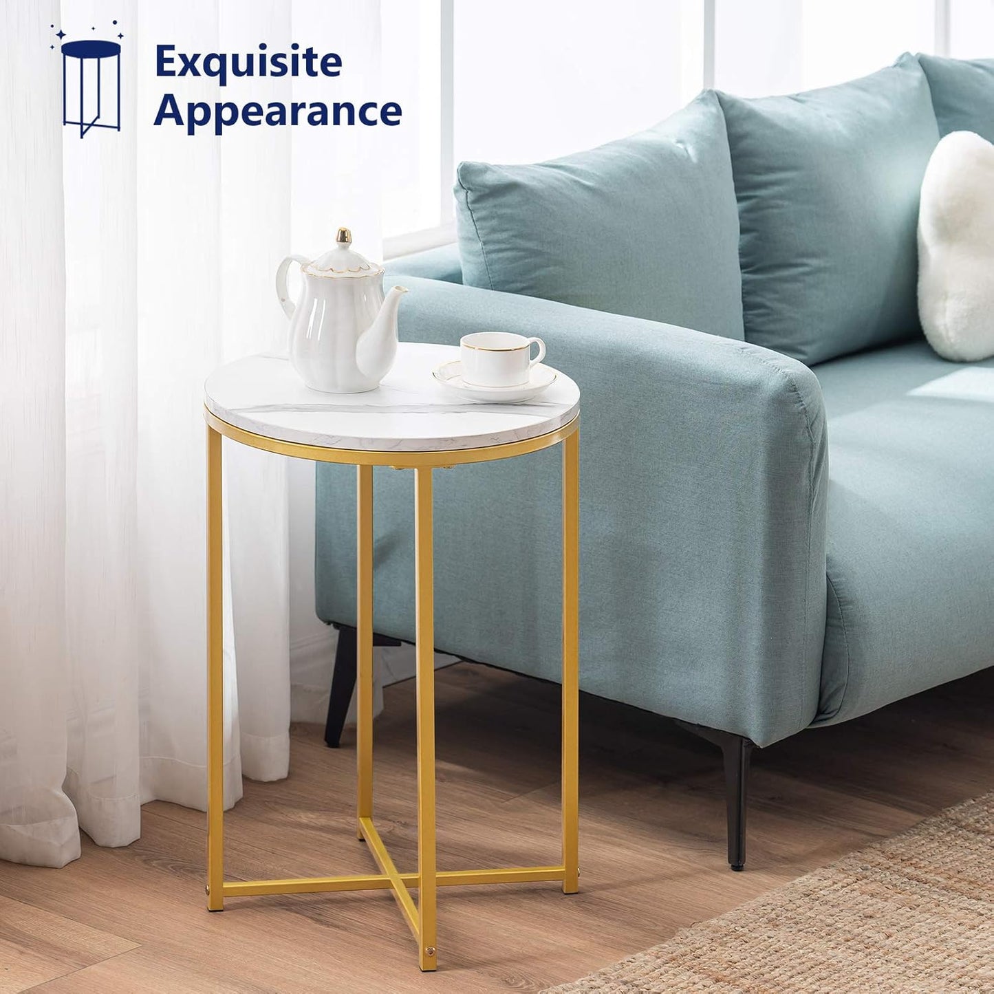 TECHMILLY Round End Table, Faux Marble Sofa Table, Accent Side Table with Metal Frame, Modern Gold Nightstand, Tall Coffee Table for Living Room, Bedroom