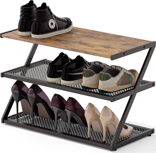 Z-Frame Shoe Rack with Wooden Top & Metal Mesh Shelves - Space-Saving Storage for Hallway, Living Room, Closet & Bedroom (24.41" x 11.02" x 16.14")
