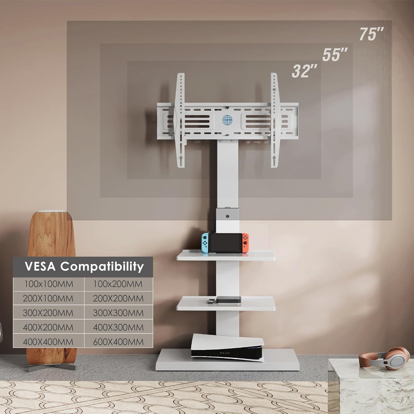 FITUEYES Iron Base Universal Floor TV Stand with Swivel Tilt, TV Mount Stand for 32-75 Inch Screens, Corner TV Stand with Height Adjustable Entertainment Shelves (White)