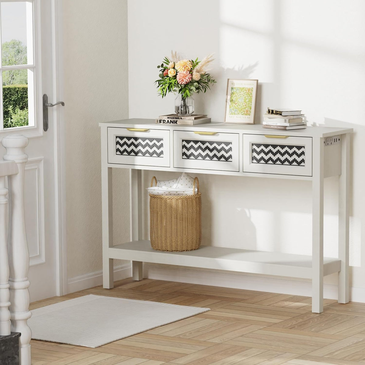 Entryway Table, Boho Console Table with 3 Storage Drawers and Storage Shelf, Sofa Table with Socket, for Entryway, Living Room, Behind Couch and Hallway (White)